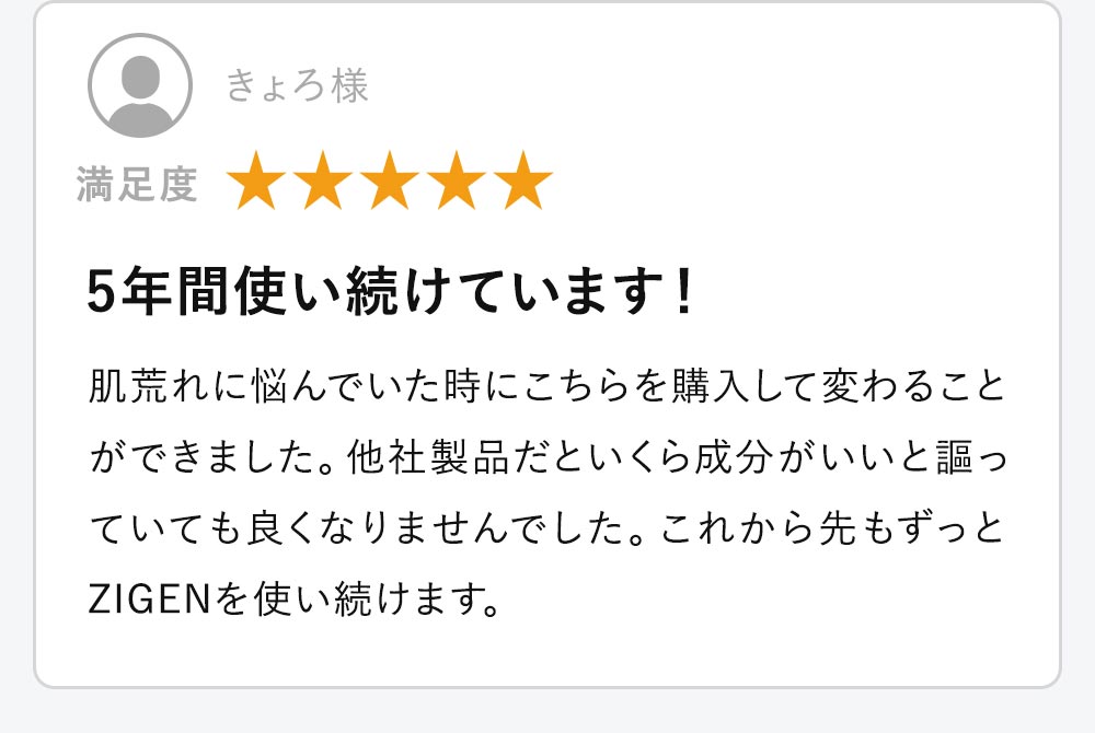 5年間使い続けています！肌荒れに悩んでいたころに出会いました。これからもずっとZIGENを使い続けます