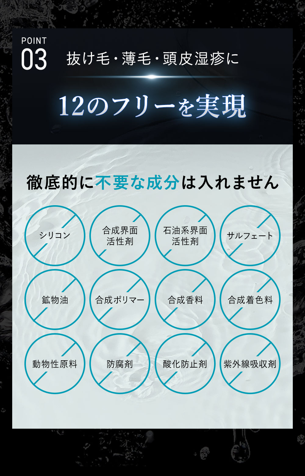 ポイント3：抜け毛・薄毛・頭皮湿疹などトラブルに繋がる成分は徹底的に不使用。シリコン/合成界面活性剤/石油系界面活性剤/サルフェート/鉱物油/合成ポリマー/合成香料/合成着色料/動物性原料/防腐剤/酸化防止剤/紫外線吸収剤など12のフリー処方。