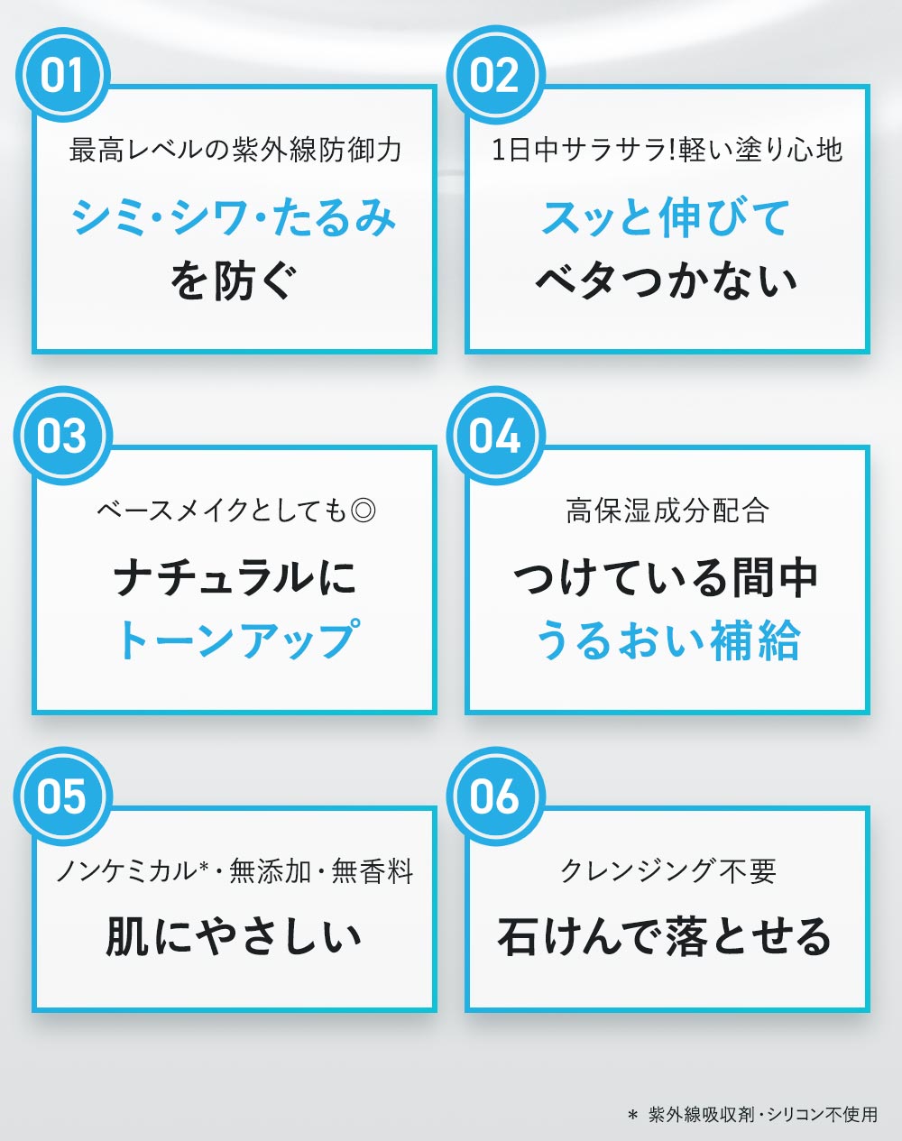 1.最高レベルの紫外線防御力でシミ・シワ・たるみを防ぐ 2.1日中サラサラ!軽い塗り心地だからスッと伸びてベタつかない 3.ベースメイクとしても◎ナチュラルにトーンアップ 4.高保湿成分配合でつけている間中うるおい補給 5.ノンケミカル・無添加・無香料で肌にやさしい 6.クレンジング不要！石鹸で簡単に落とせる