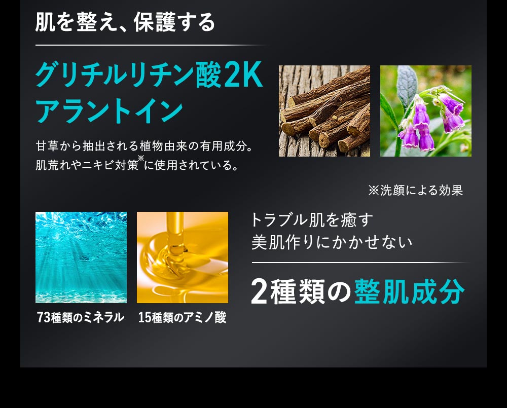 炎症を抑え保護するグリチルリチン酸2K、アラントインやトラブル肌を癒す整肌成分