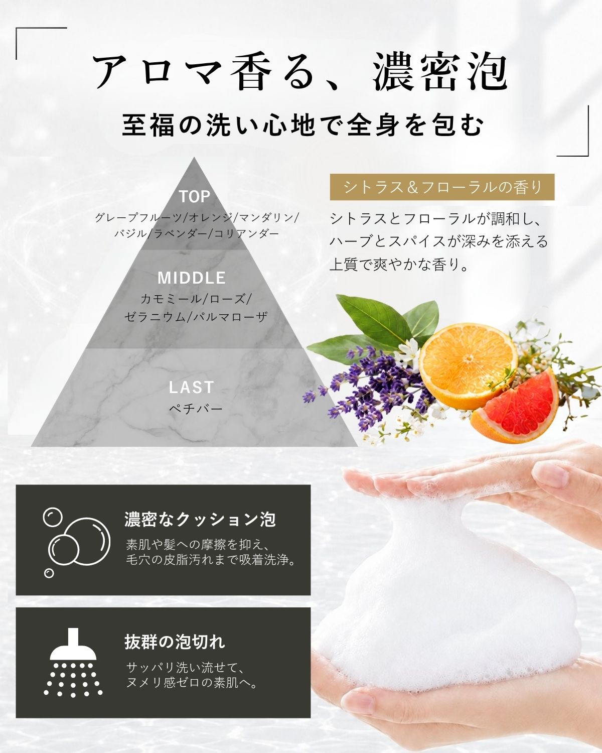 アロマ香る、濃密泡。至福の洗い心地で全身を包む